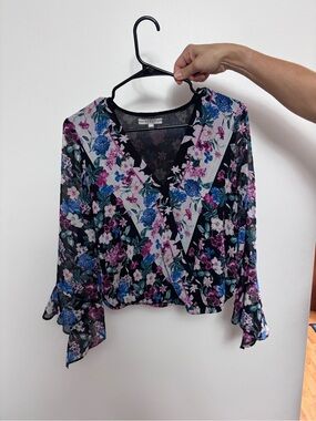 Guess Black Floral Wrap Blouse with Blue & Pink Accents